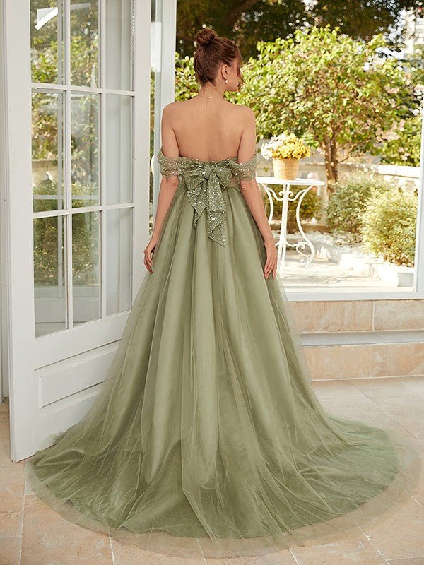 NumberSea - A - Line/Princess Tulle Ruched Off - the - Shoulder Sleeveless Court Train Dresses