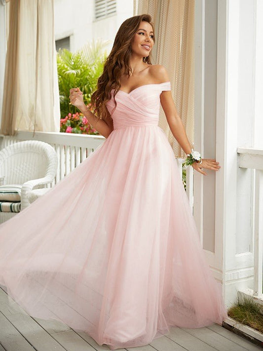 NumberSea - A - Line/Princess Tulle Ruched Off - the - Shoulder Sleeveless Floor - Length Dresses