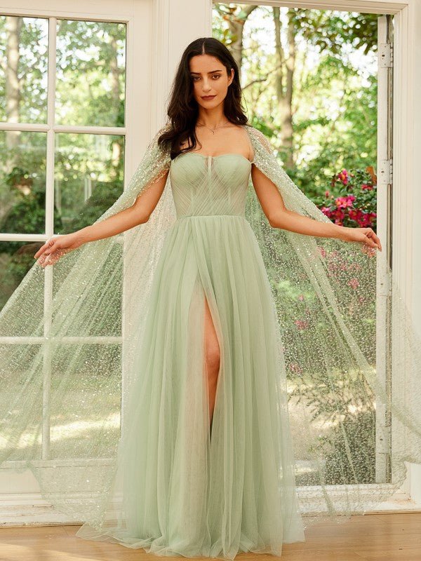 NumberSea - A - Line/Princess Tulle Ruched Straps Long Sleeves Floor - Length Dresses