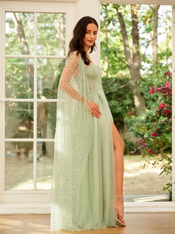 NumberSea - A - Line/Princess Tulle Ruched Straps Long Sleeves Floor - Length Dresses