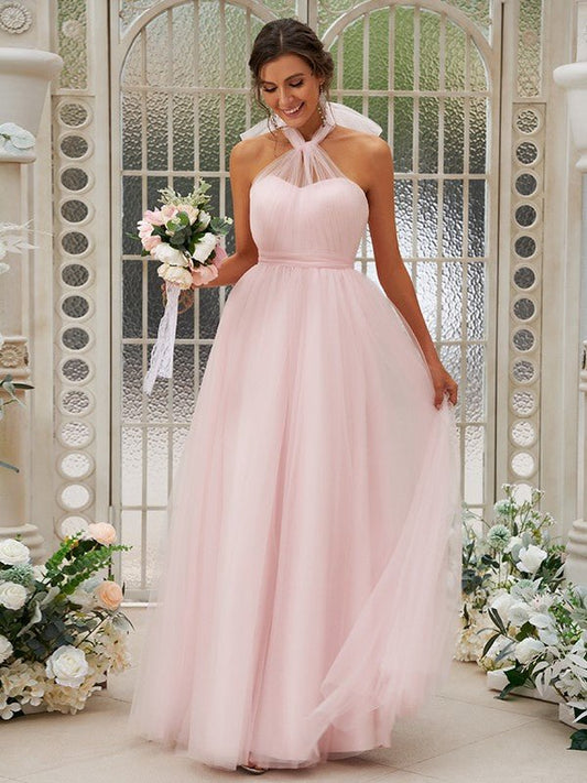 NumberSea - A - Line/Princess Tulle Ruffles Halter Sleeveless Floor - Length Bridesmaid Dresses