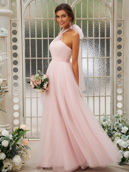 NumberSea - A - Line/Princess Tulle Ruffles Halter Sleeveless Floor - Length Bridesmaid Dresses