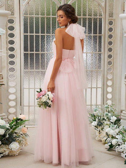 NumberSea - A - Line/Princess Tulle Ruffles Halter Sleeveless Floor - Length Bridesmaid Dresses