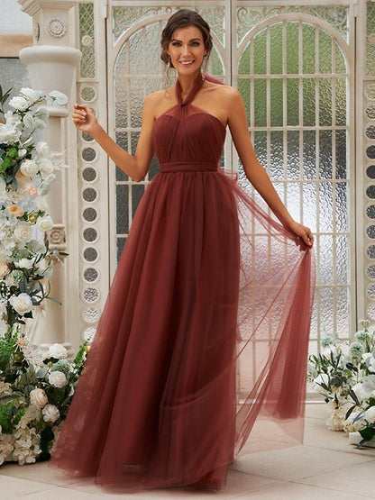 NumberSea - A - Line/Princess Tulle Ruffles Halter Sleeveless Floor - Length Bridesmaid Dresses