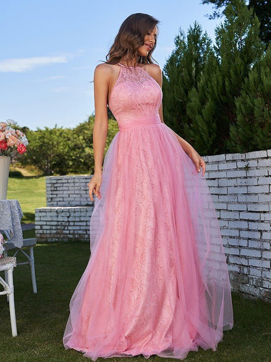 NumberSea - A - Line/Princess Tulle Ruffles Halter Sleeveless Sweep/Brush Train Bridesmaid Dresses