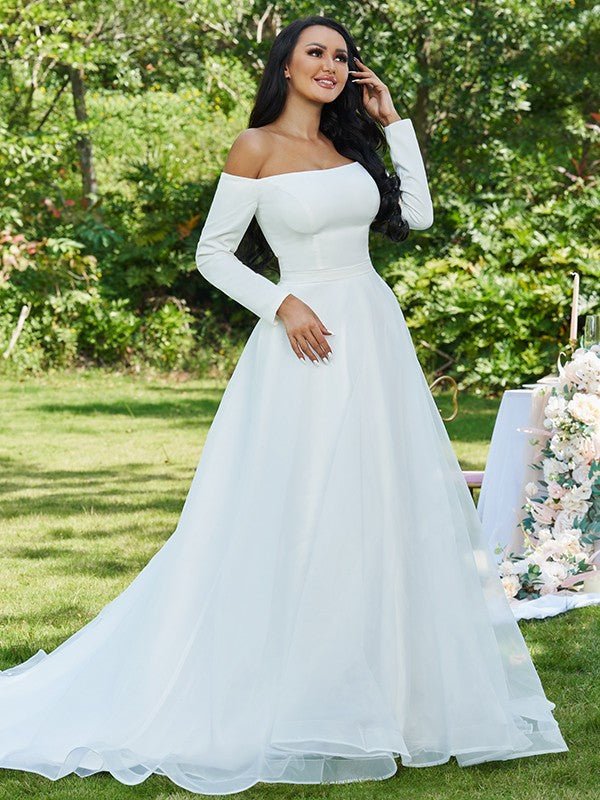 NumberSea - A - Line/Princess Tulle Ruffles Off - the - Shoulder Long Sleeves Sweep/Brush Train Wedding Dresses