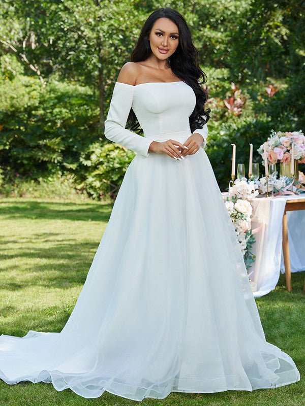 NumberSea - A - Line/Princess Tulle Ruffles Off - the - Shoulder Long Sleeves Sweep/Brush Train Wedding Dresses