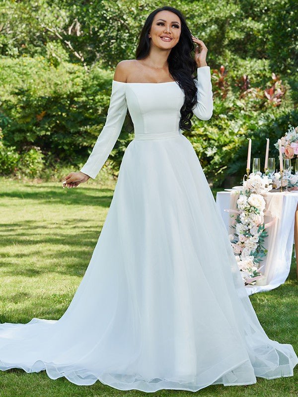 NumberSea - A - Line/Princess Tulle Ruffles Off - the - Shoulder Long Sleeves Sweep/Brush Train Wedding Dresses