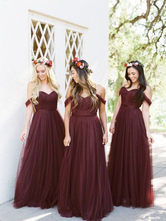 NumberSea - A - Line/Princess Tulle Ruffles Off - the - Shoulder Sleeveless Floor - Length Bridesmaid Dresses