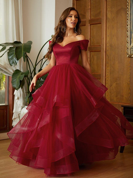 NumberSea - A - Line/Princess Tulle Ruffles Off - the - Shoulder Sleeveless Floor - Length Dresses