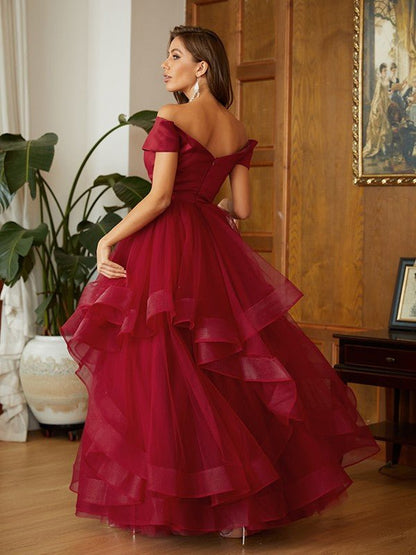 NumberSea - A - Line/Princess Tulle Ruffles Off - the - Shoulder Sleeveless Floor - Length Dresses