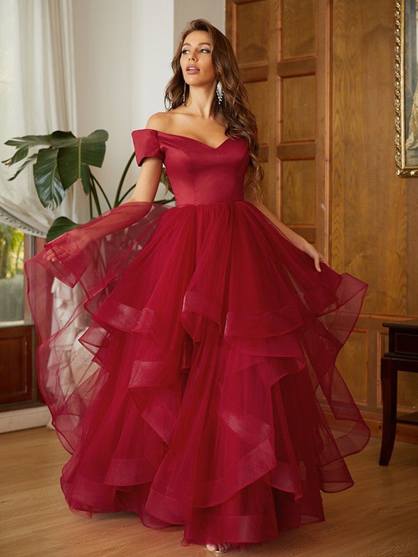 NumberSea - A - Line/Princess Tulle Ruffles Off - the - Shoulder Sleeveless Floor - Length Dresses