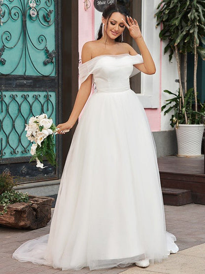 NumberSea - A - Line/Princess Tulle Ruffles Off - the - Shoulder Sleeveless Sweep/Brush Train Wedding Dresses