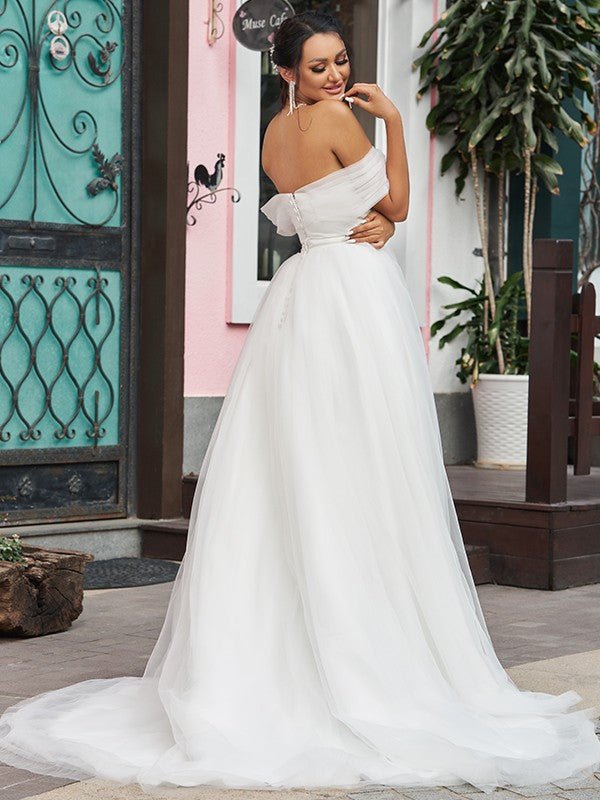 NumberSea - A - Line/Princess Tulle Ruffles Off - the - Shoulder Sleeveless Sweep/Brush Train Wedding Dresses