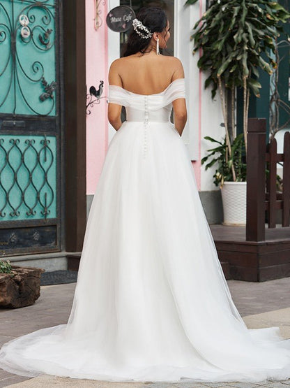 NumberSea - A - Line/Princess Tulle Ruffles Off - the - Shoulder Sleeveless Sweep/Brush Train Wedding Dresses