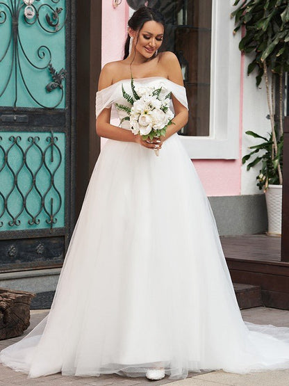 NumberSea - A - Line/Princess Tulle Ruffles Off - the - Shoulder Sleeveless Sweep/Brush Train Wedding Dresses