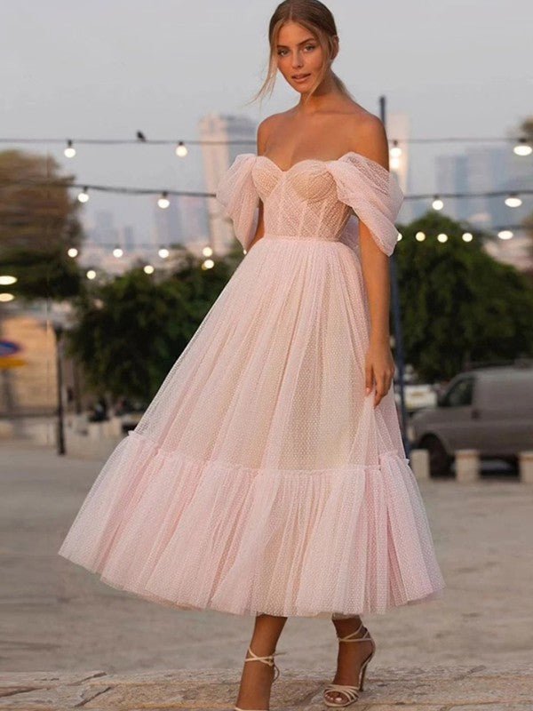 NumberSea - A - Line/Princess Tulle Ruffles Off - the - Shoulder Sleeveless Tea - Length Dresses