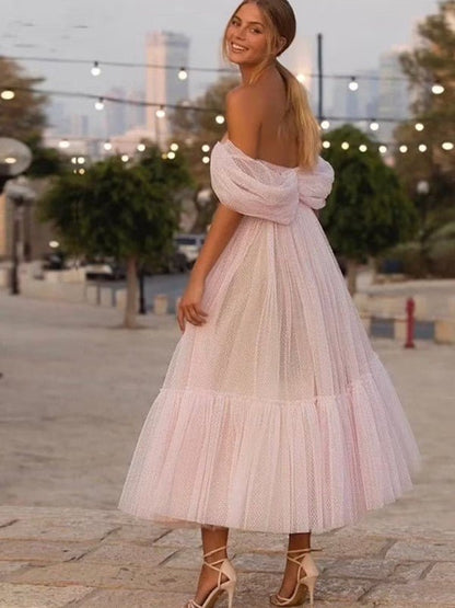 NumberSea - A - Line/Princess Tulle Ruffles Off - the - Shoulder Sleeveless Tea - Length Dresses