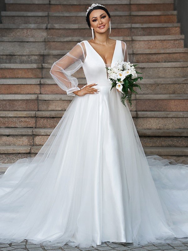 NumberSea - A - Line/Princess Tulle Ruffles V - neck Long Sleeves Court Train Wedding Dresses