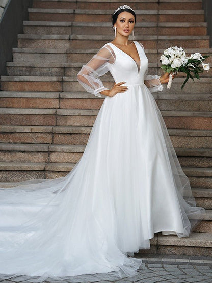 NumberSea - A - Line/Princess Tulle Ruffles V - neck Long Sleeves Court Train Wedding Dresses