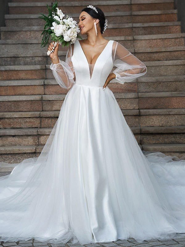 NumberSea - A - Line/Princess Tulle Ruffles V - neck Long Sleeves Court Train Wedding Dresses