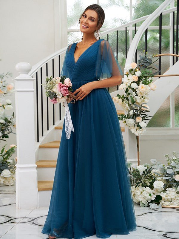 NumberSea - A - Line/Princess Tulle Ruffles V - neck Short Sleeves Floor - Length Bridesmaid Dresses