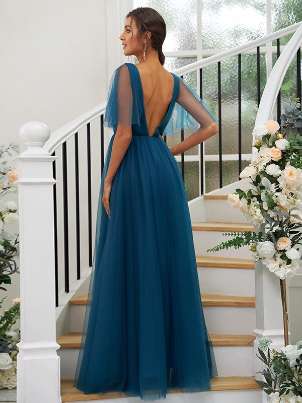 NumberSea - A - Line/Princess Tulle Ruffles V - neck Short Sleeves Floor - Length Bridesmaid Dresses