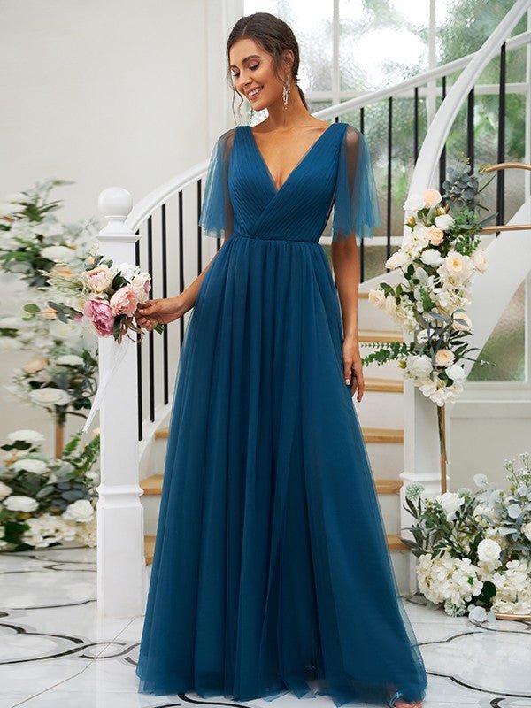 NumberSea - A - Line/Princess Tulle Ruffles V - neck Short Sleeves Floor - Length Bridesmaid Dresses