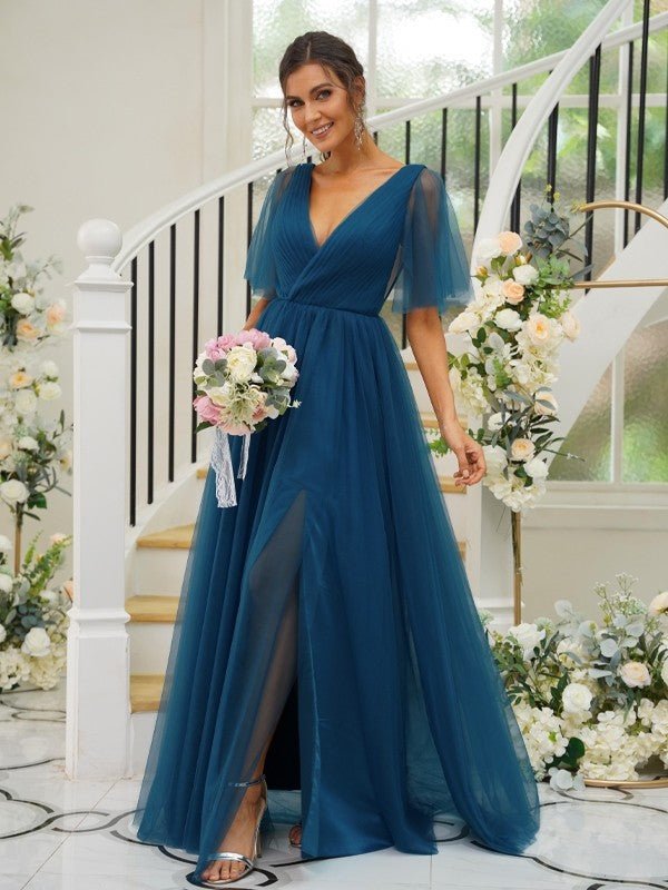 NumberSea - A - Line/Princess Tulle Ruffles V - neck Short Sleeves Floor - Length Bridesmaid Dresses