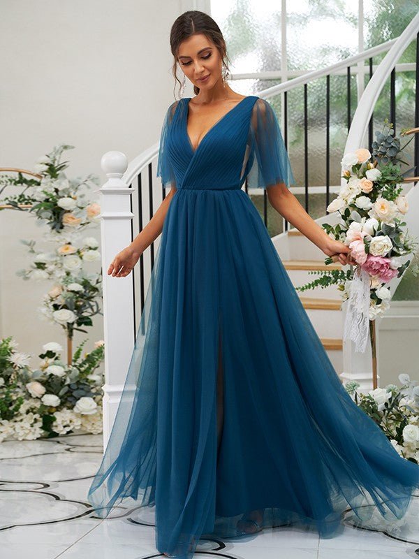 NumberSea - A - Line/Princess Tulle Ruffles V - neck Short Sleeves Floor - Length Bridesmaid Dresses