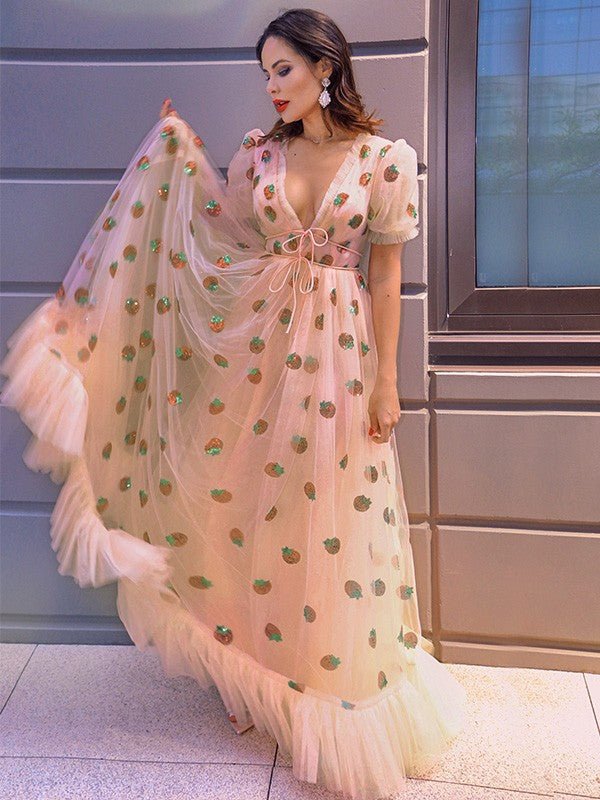 NumberSea - A - Line/Princess Tulle Ruffles V - neck Short Sleeves Floor - Length Dresses