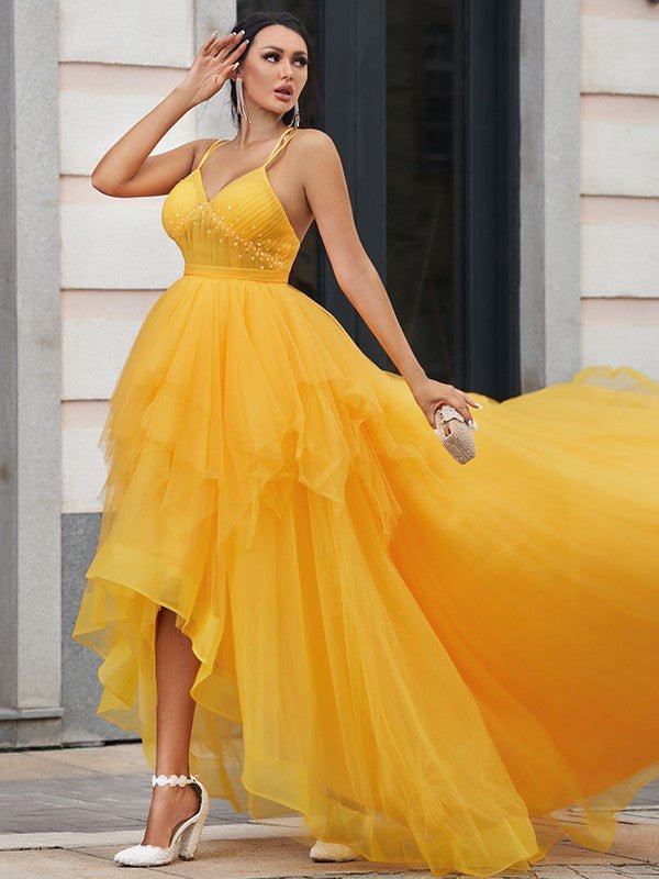 NumberSea - A - Line/Princess Tulle Ruffles V - neck Sleeveless Asymmetrical Dresses