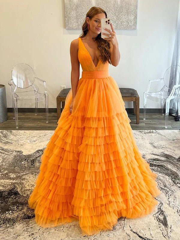 NumberSea - A - Line/Princess Tulle Ruffles V - neck Sleeveless Floor - Length Dresses