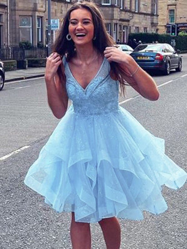 NumberSea - A - Line/Princess Tulle Ruffles V - neck Sleeveless Short/Mini Dresses