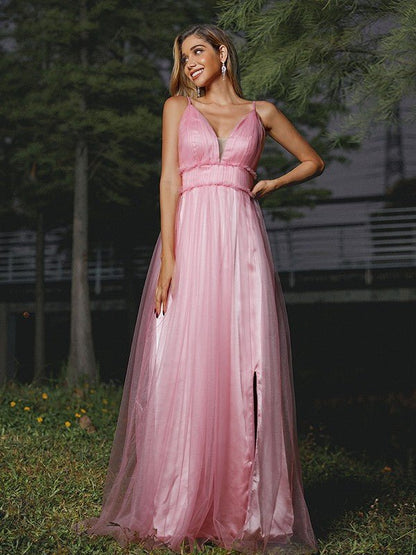 NumberSea - A - Line/Princess Tulle Ruffles V - neck Sleeveless Sweep/Brush Train Bridesmaid Dresses