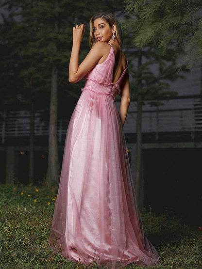 NumberSea - A - Line/Princess Tulle Ruffles V - neck Sleeveless Sweep/Brush Train Bridesmaid Dresses