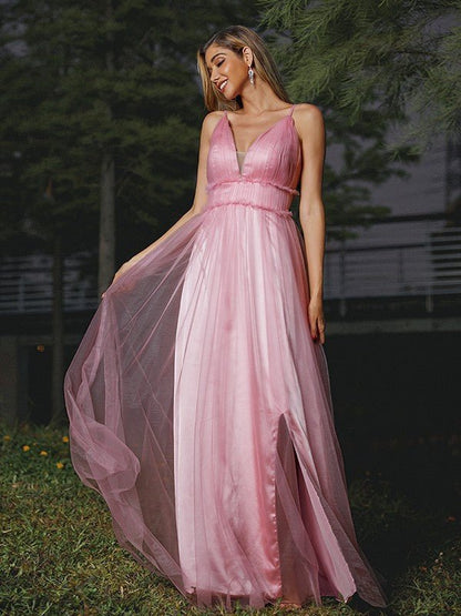 NumberSea - A - Line/Princess Tulle Ruffles V - neck Sleeveless Sweep/Brush Train Bridesmaid Dresses