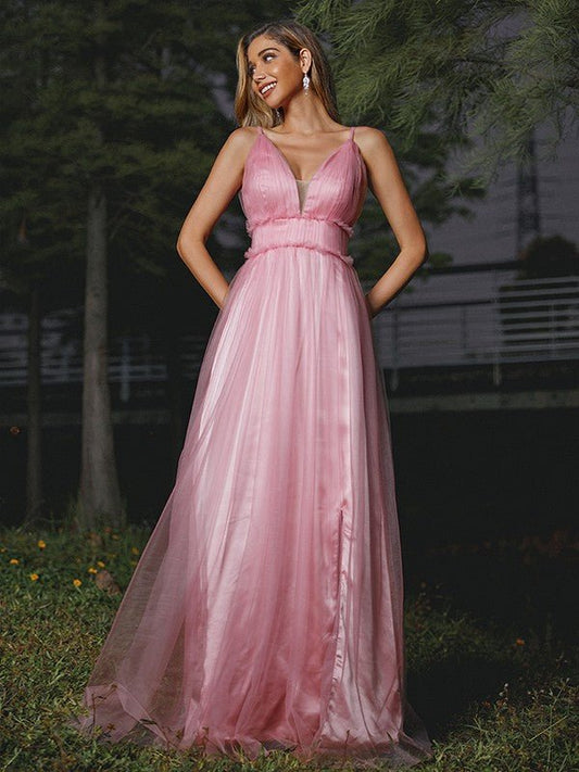 NumberSea - A - Line/Princess Tulle Ruffles V - neck Sleeveless Sweep/Brush Train Bridesmaid Dresses