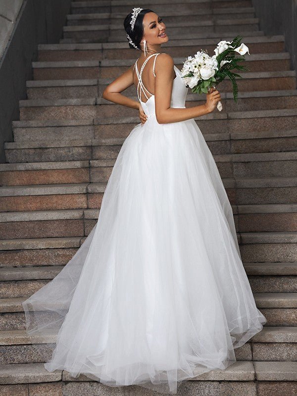 NumberSea - A - Line/Princess Tulle Ruffles V - neck Sleeveless Sweep/Brush Train Wedding Dresses