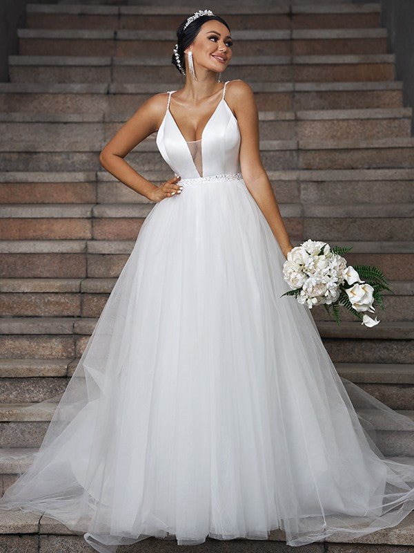 NumberSea - A - Line/Princess Tulle Ruffles V - neck Sleeveless Sweep/Brush Train Wedding Dresses