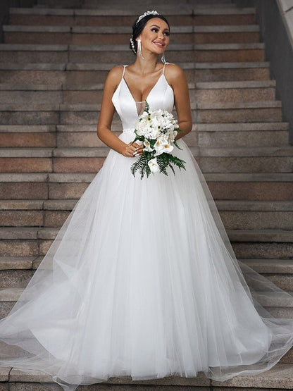 NumberSea - A - Line/Princess Tulle Ruffles V - neck Sleeveless Sweep/Brush Train Wedding Dresses