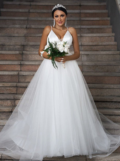 NumberSea - A - Line/Princess Tulle Ruffles V - neck Sleeveless Sweep/Brush Train Wedding Dresses