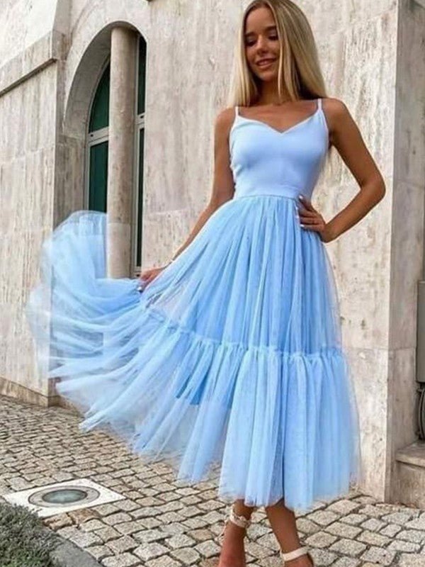 NumberSea - A - Line/Princess Tulle Ruffles V - neck Sleeveless Tea - Length Dresses