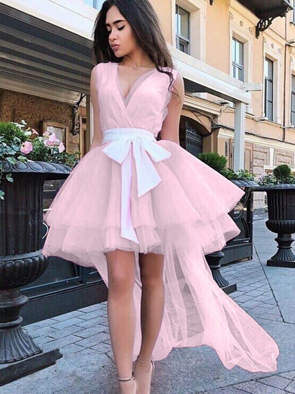 NumberSea - A - Line/Princess Tulle Sash/Ribbon/Belt V - neck Sleeveless Short/Mini Dresses