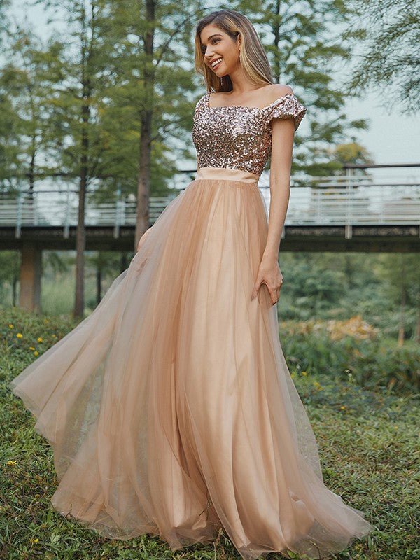 NumberSea - A - Line/Princess Tulle Sequin Off - the - Shoulder Sleeveless Floor - Length Bridesmaid Dresses