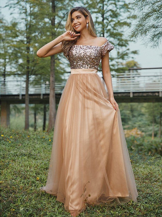 NumberSea - A - Line/Princess Tulle Sequin Off - the - Shoulder Sleeveless Floor - Length Bridesmaid Dresses