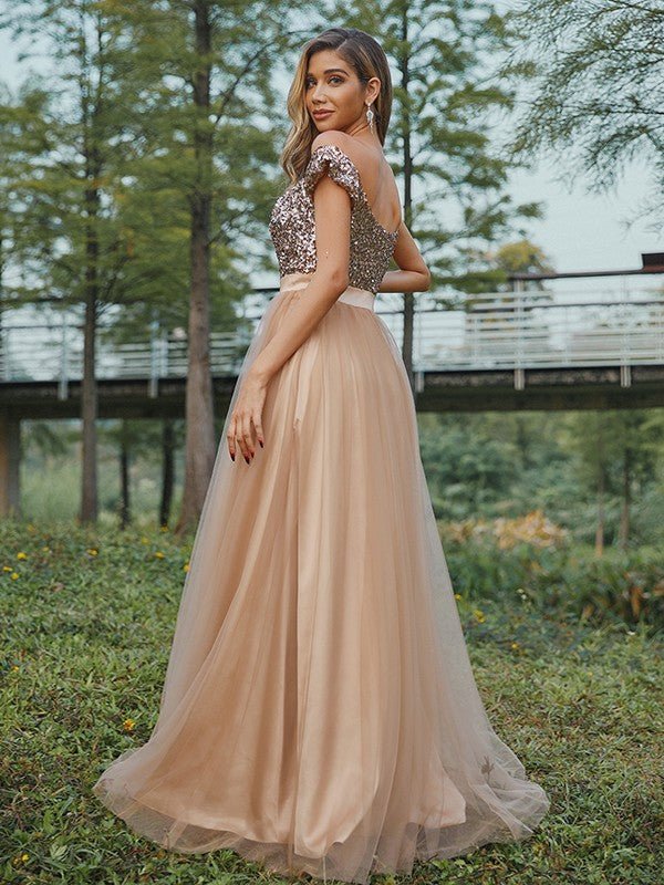 NumberSea - A - Line/Princess Tulle Sequin Off - the - Shoulder Sleeveless Floor - Length Bridesmaid Dresses