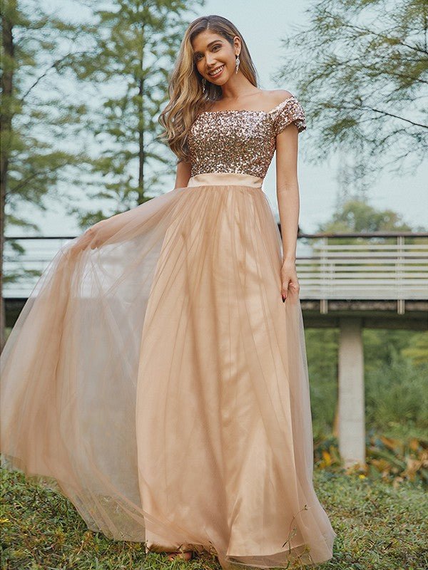 NumberSea - A - Line/Princess Tulle Sequin Off - the - Shoulder Sleeveless Floor - Length Bridesmaid Dresses