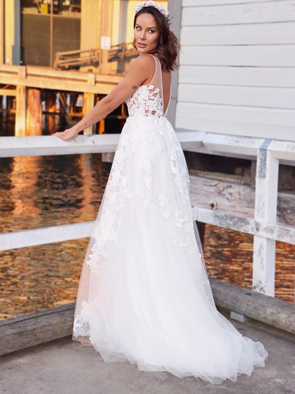 NumberSea - A - Line/Princess Tulle Sleeveless Applique V - neck Sweep/Brush Train Wedding Dresses