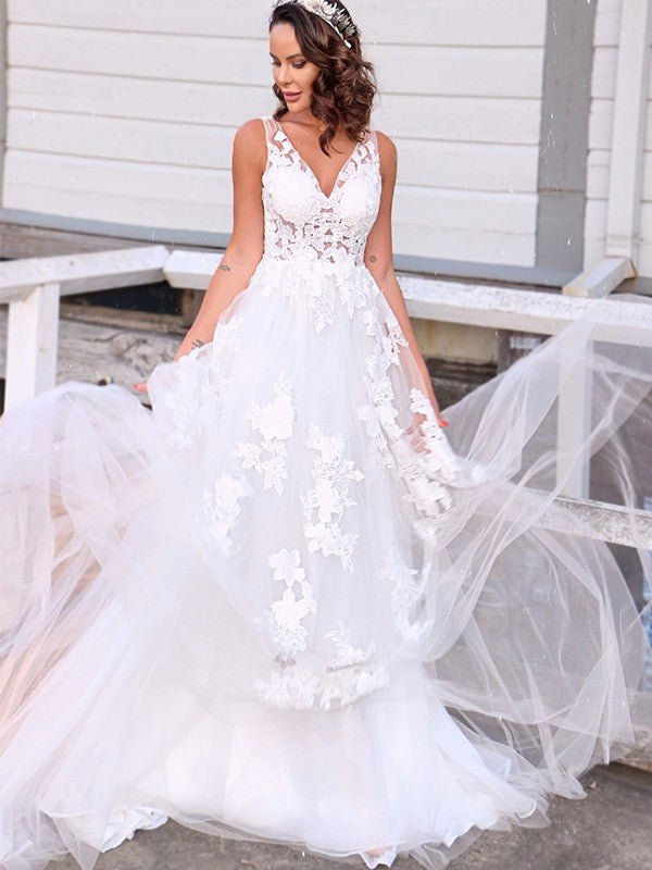 NumberSea - A - Line/Princess Tulle Sleeveless Applique V - neck Sweep/Brush Train Wedding Dresses